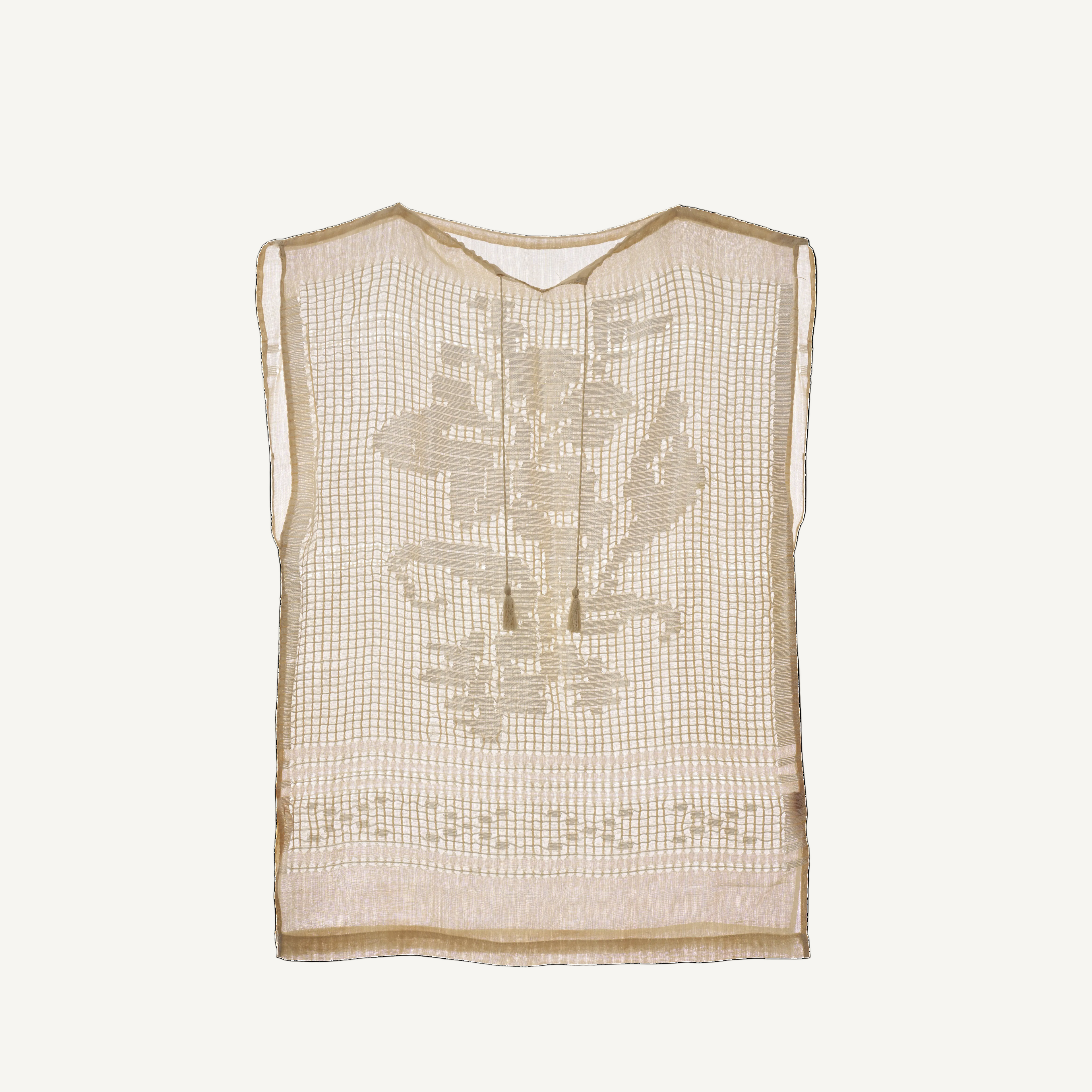 A sleeveless beige mesh top with a tonal embroidered floral pattern on the front, blouse roumaine shop
