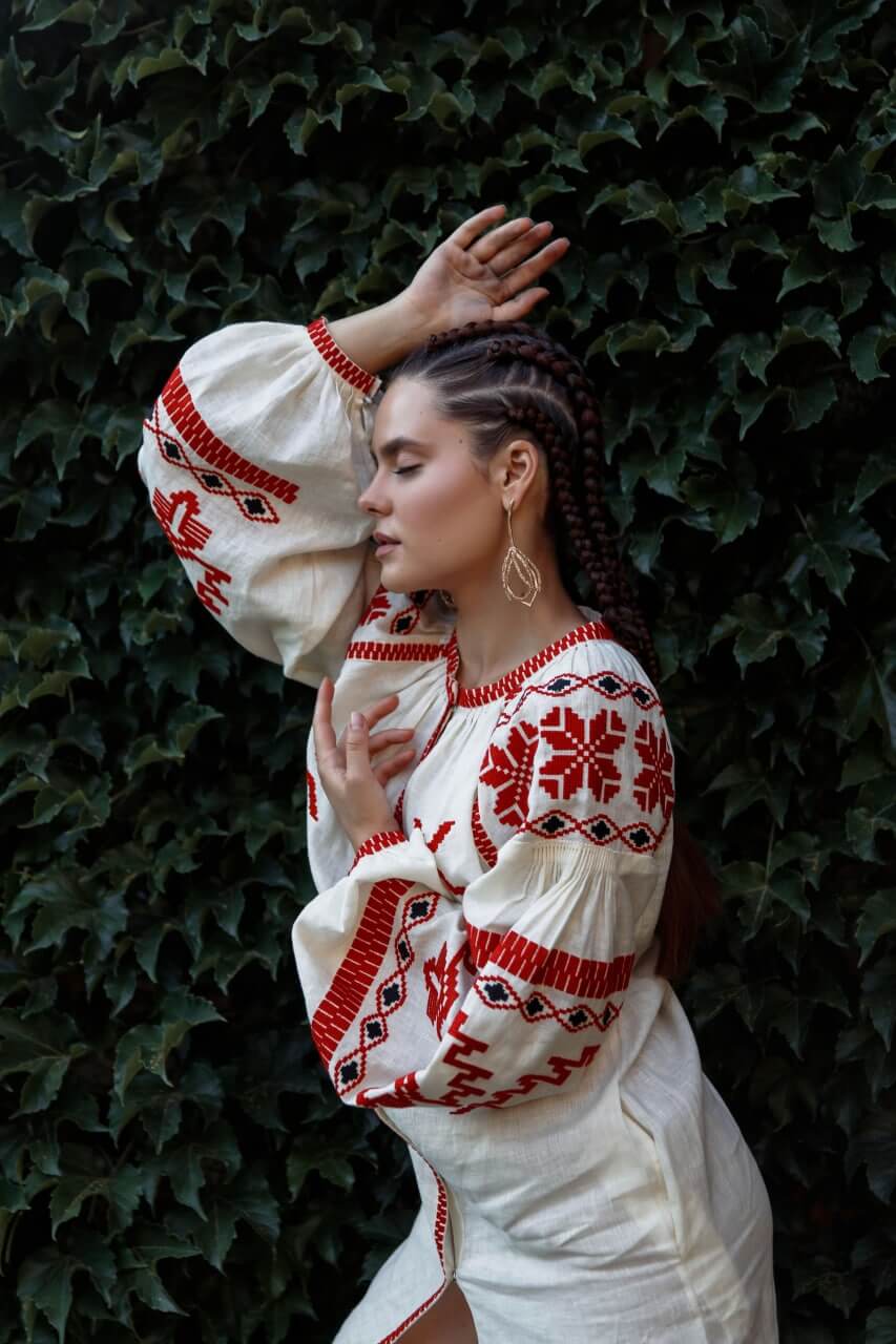 Women Cream Linen Embroidered Midi Dress with Red geometric motifts Tine