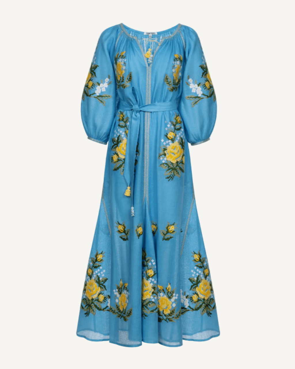 Floral linen embroidered maxi dress in light blue Evelyn