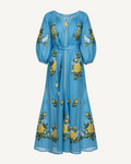 Floral linen embroidered maxi dress in light blue Evelyn