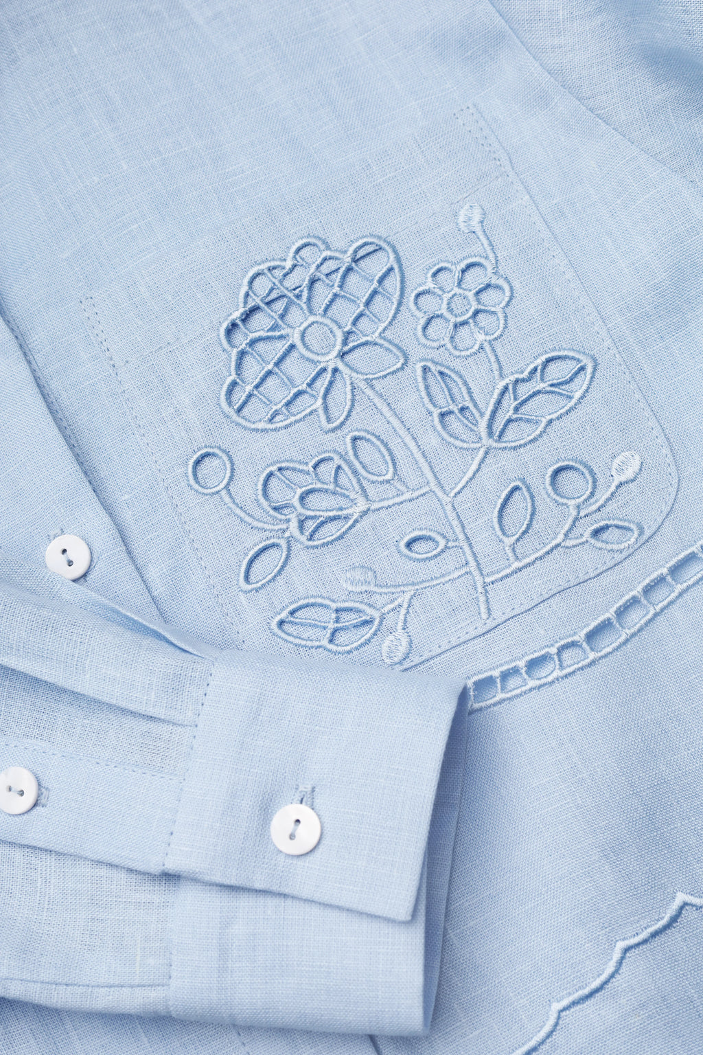 Tree of Life cropped linen embroidery shirt in blue
