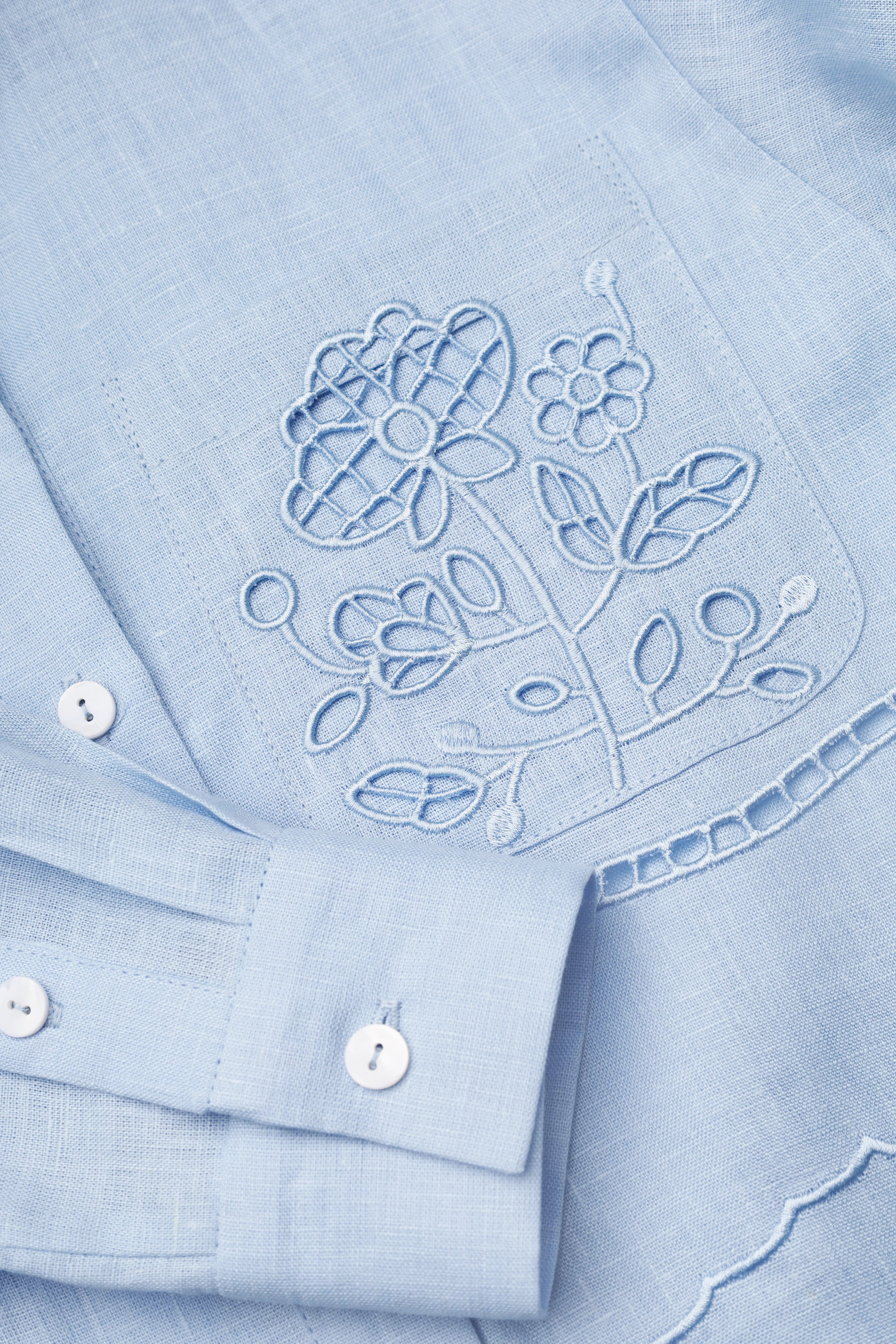 Tree of Life cropped linen embroidery shirt in blue