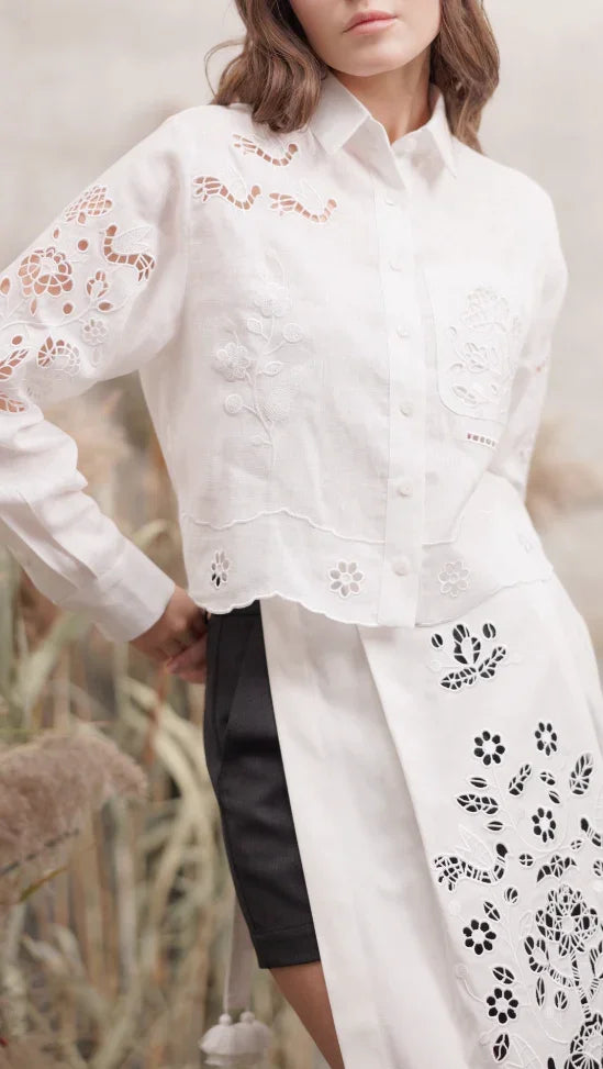 Tree of Life cropped linen blouse