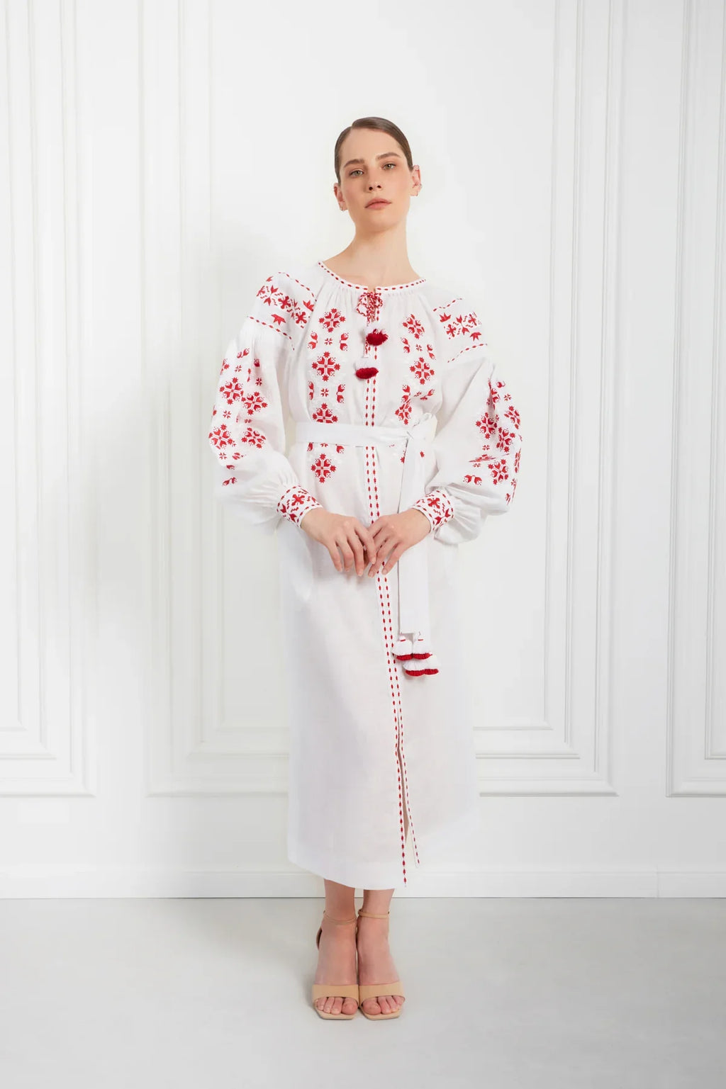 Embroidered Midi Dress Olesya – Traditional Handmade Dress with Artisan Embroidery