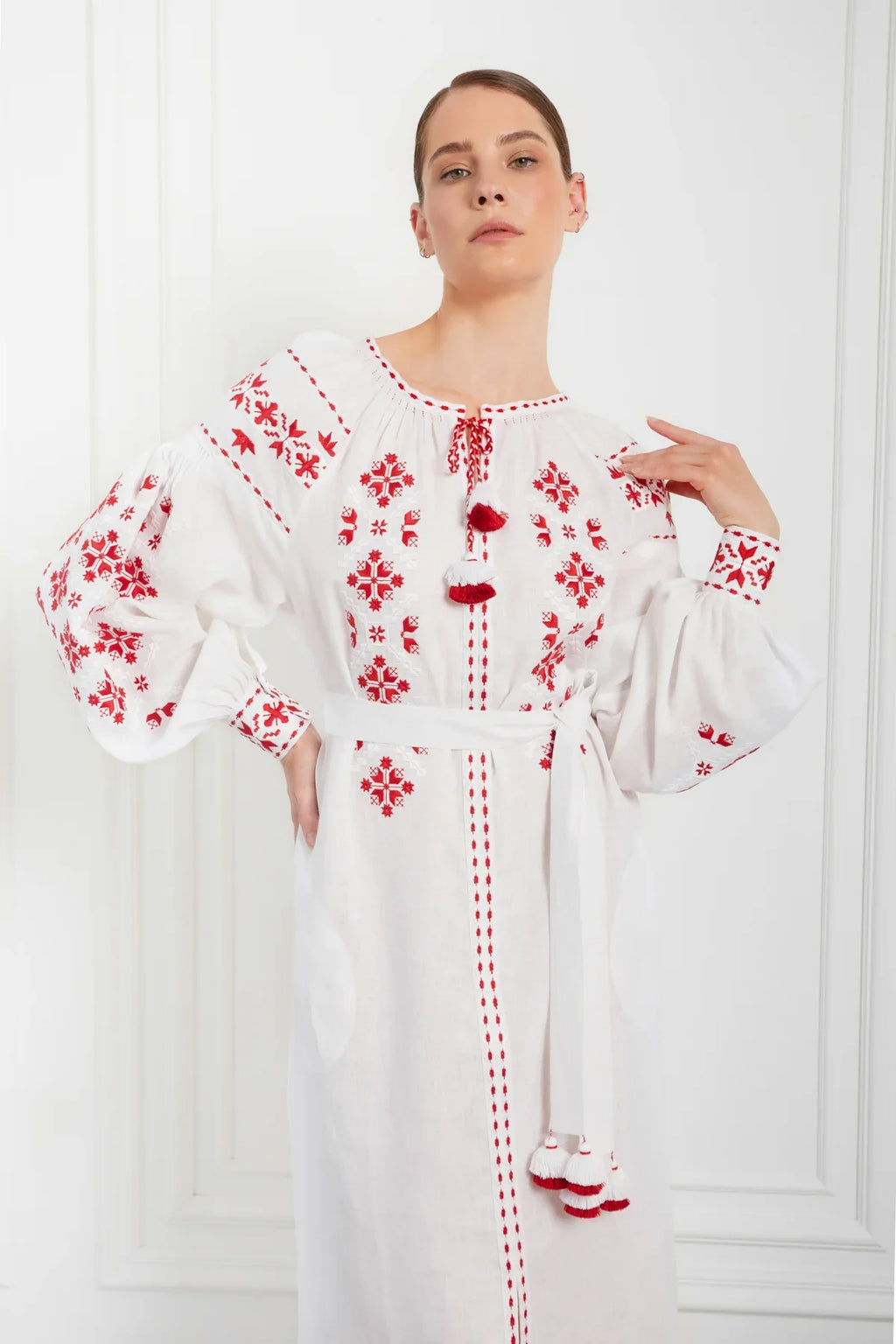 Embroidered Midi Dress Olesya – Traditional Handmade Dress with Artisan Embroidery