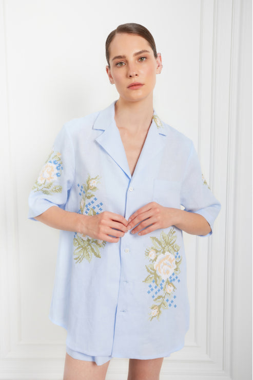 Summer Linen Co-Ord Set in Light Blue — Embroidered Shirt & Shorts, Traditional Floral Cross-stitch