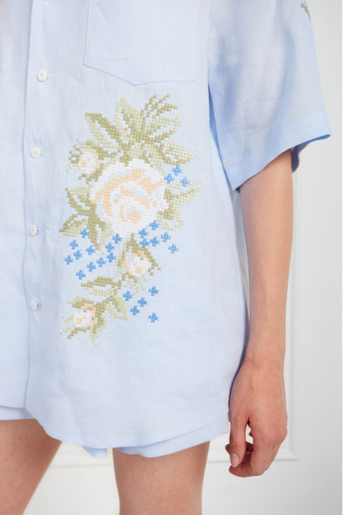 Summer Linen Co-Ord Set in Light Blue — Embroidered Shirt & Shorts, Traditional Floral Cross-stitch