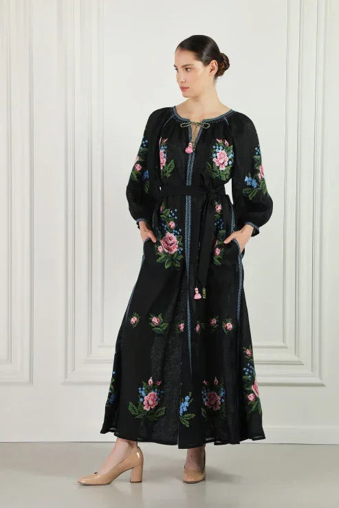 floral embroidery dress detail pink blue flowers