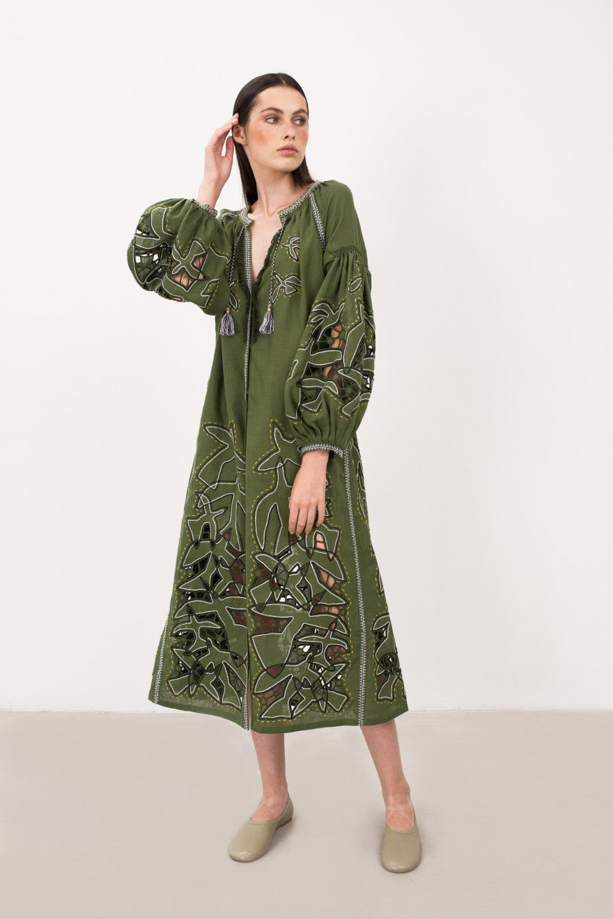 Women's long linen cutwork embroidered midi dress Flying Home