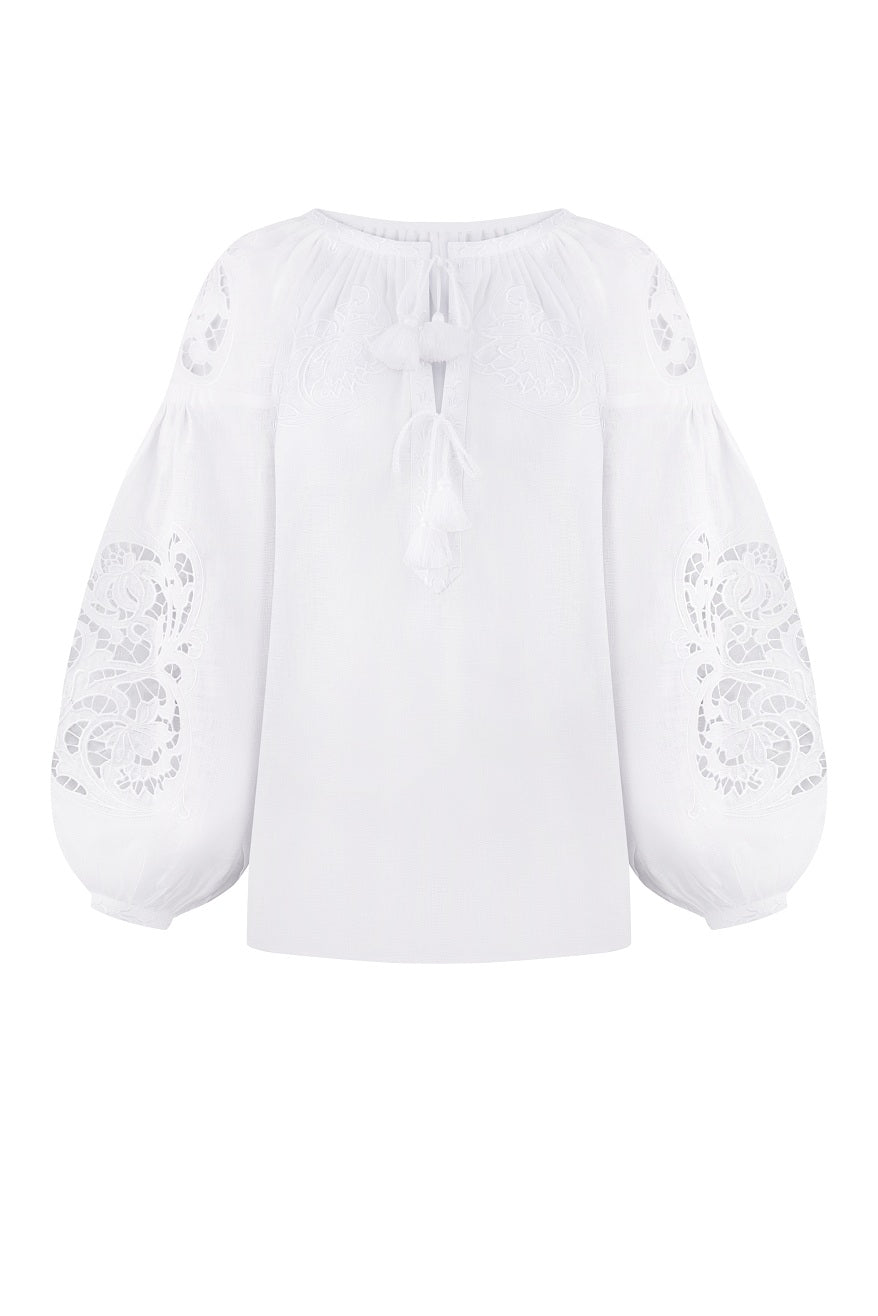 Foberini Kvitka white linen vyshyvanka blouse with floral Richelieu cutwork embroidery