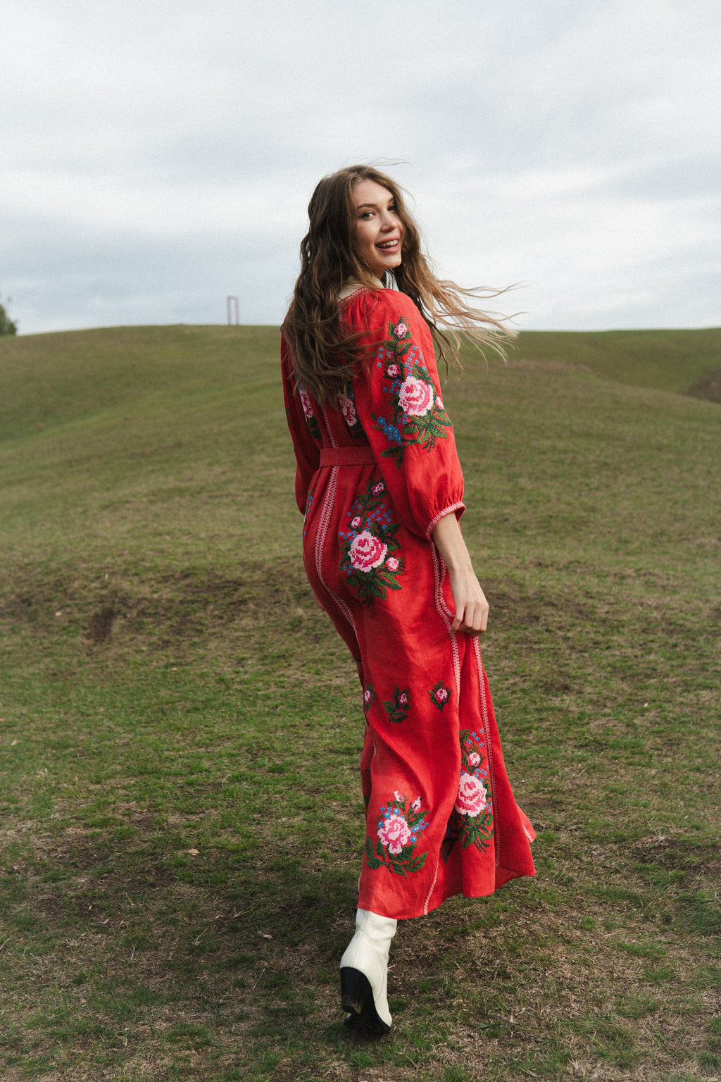 Evelyn cross-stitch embroidered dress in red