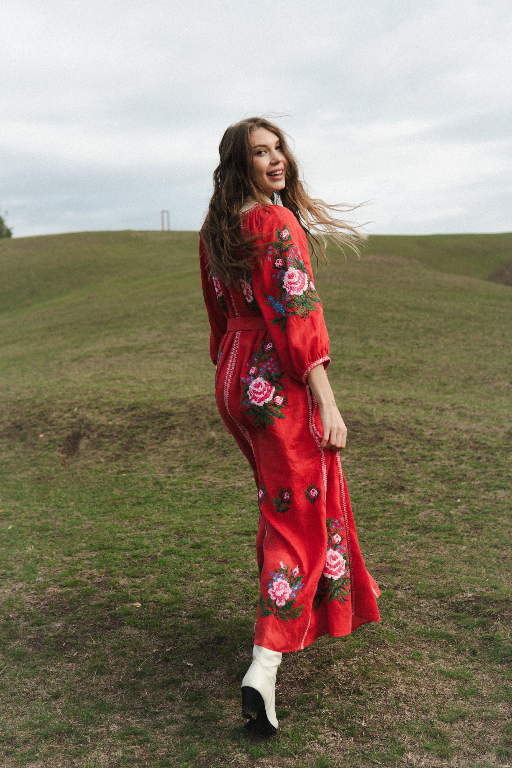 Evelyn cross-stitch embroidered dress in red