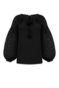 Foberini Kvitka black linen vyshyvanka blouse with black-on-black Richelieu cutwork embroidery