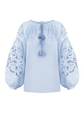 Foberini Kvitka blue linen blouse with floral cutwork embroidery