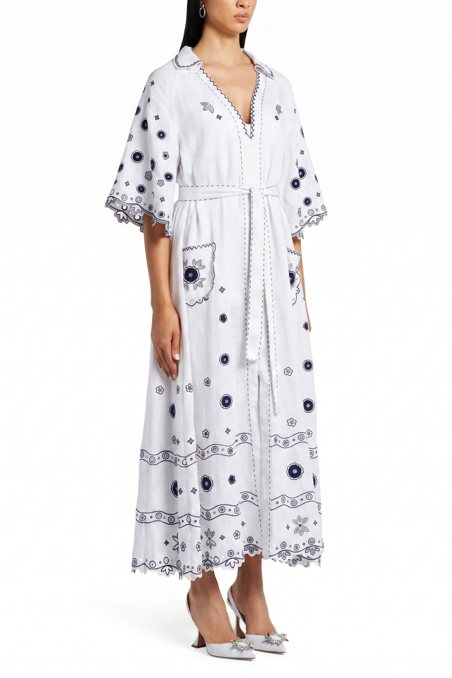Women's Glass House White Linen Maxi Dress – Cutwork Embroidery