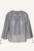 A traditional Romanian blouse featuring a honeycomb-pleated collar and traditional geometric embroidery in gray and blue colors.