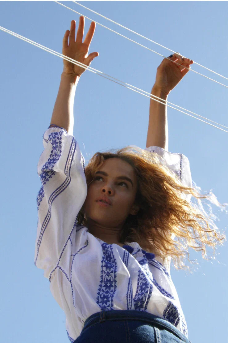 Woven Romanian Blouse in Blue