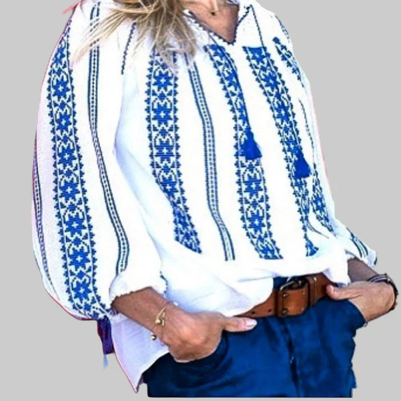 Woven Romanian Blouse in Blue
