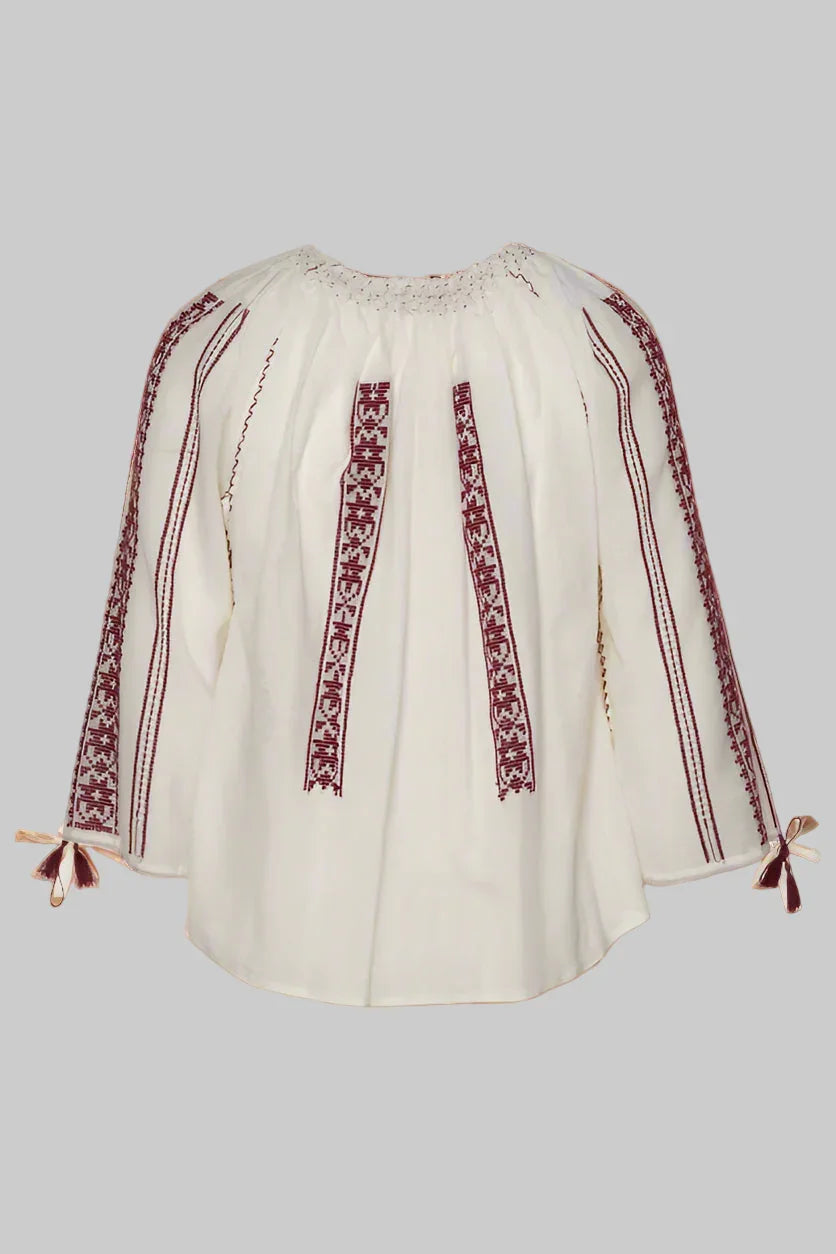 Woven Romanian Blouse in Burgundy