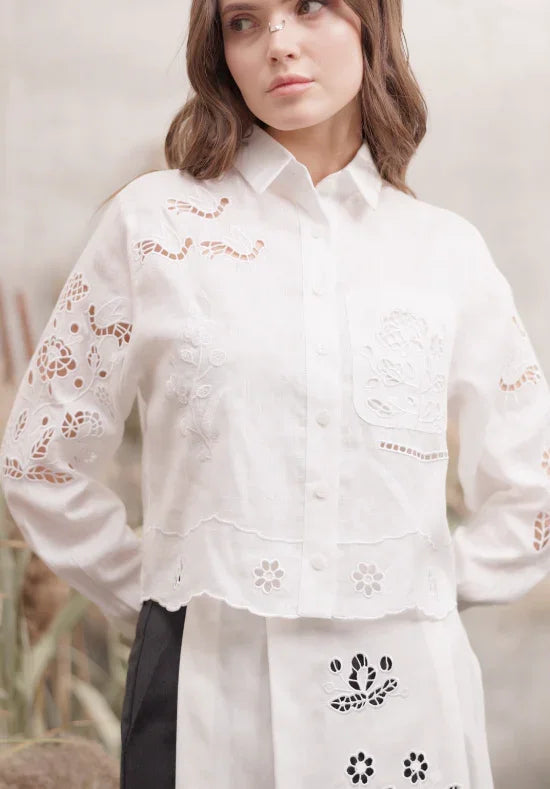 Tree of Life cropped linen blouse