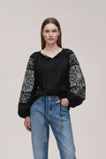 Women's black linen embroidered peasant blouse with satin stitch star motif and tassel neckline – Zirka by Koza Dereza