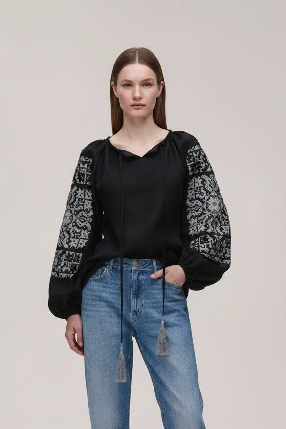 Women's black linen embroidered peasant blouse with satin stitch star motif and tassel neckline – Zirka by Koza Dereza