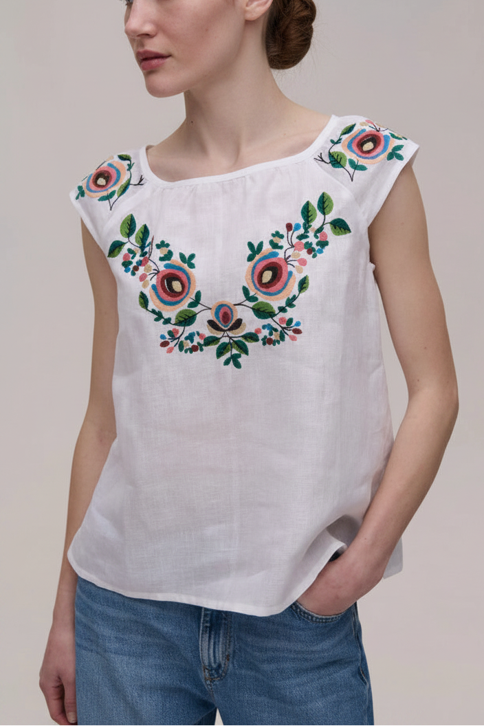 White linen sleeveless top with floral embroidery, Koza Dereza
