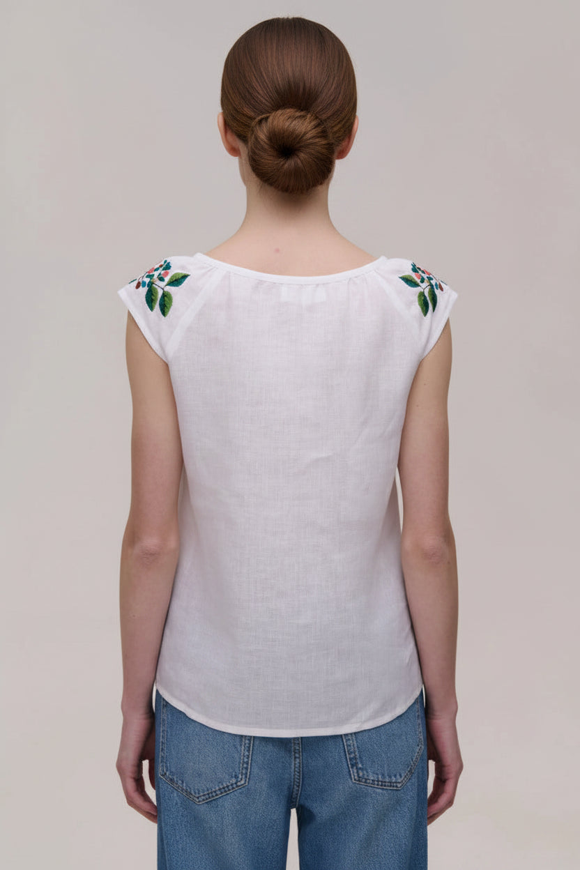 Embroidered white linen top, floral detail, Koza Dereza
