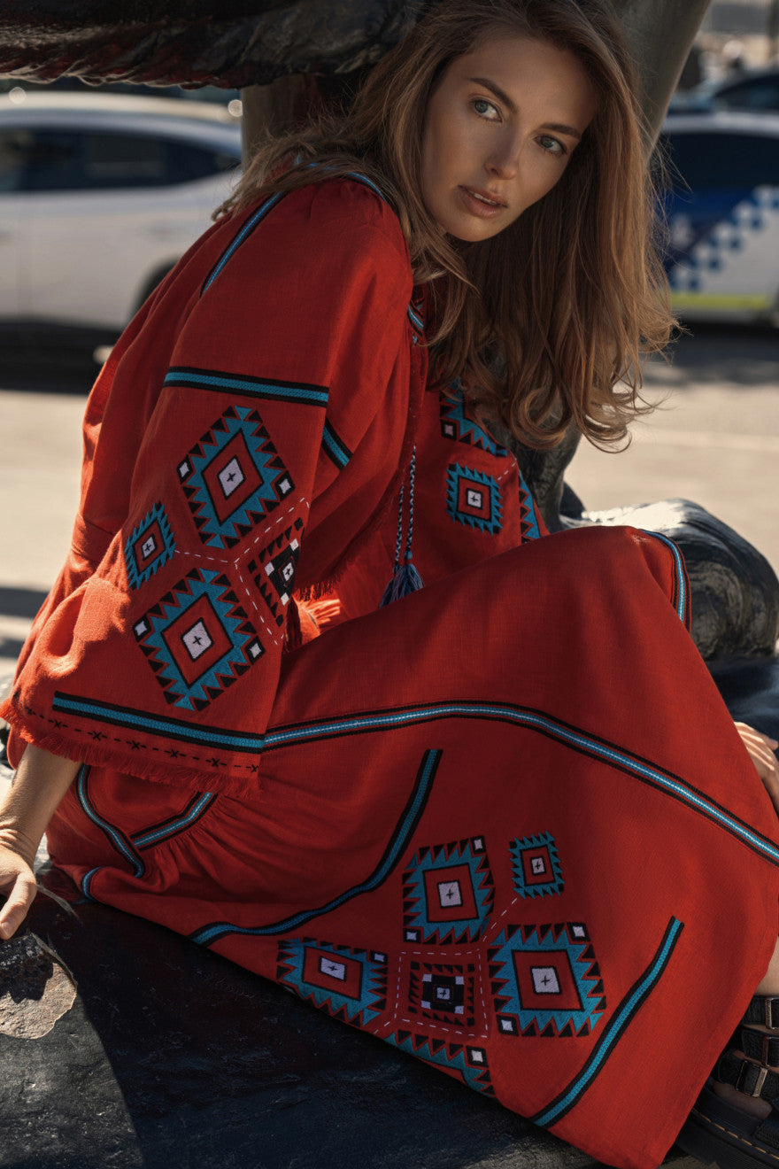 Red linen midi bohemian geometric embroidery dress Kylymy