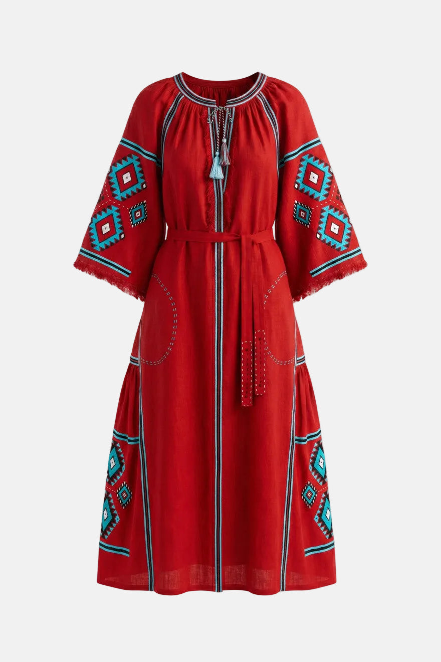 Red dress with blue and white geometric patterns 