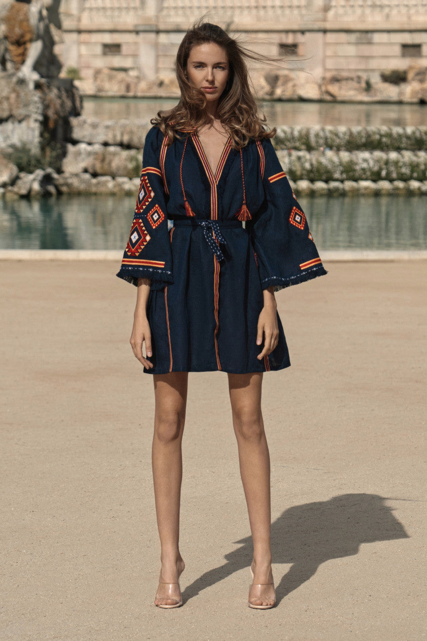 Navy linen dress with folk geometry embroidery patterns Kilmy My sleeping Gypsy