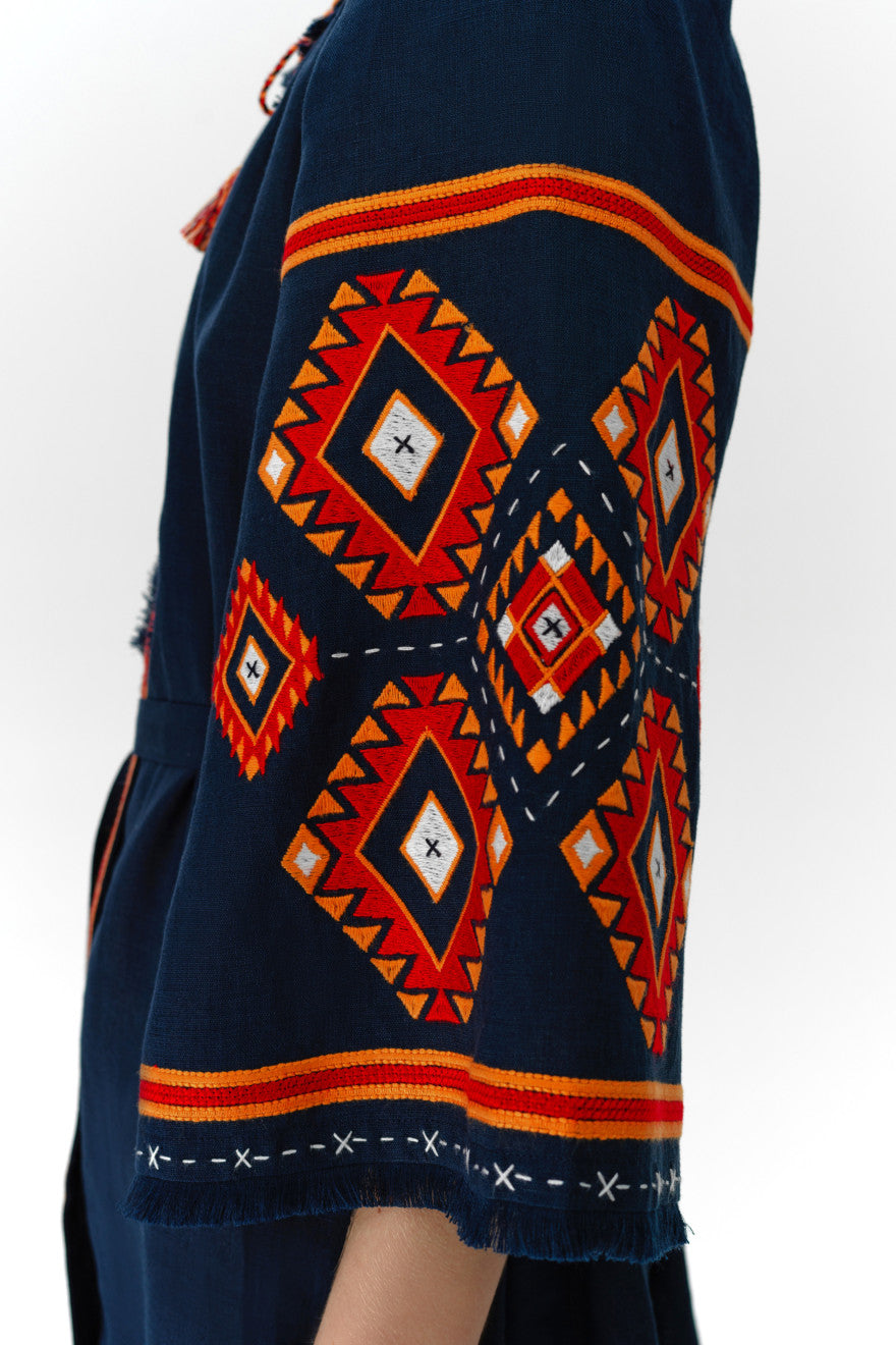 Navy linen dress with folk geometry embroidery patterns Kilmy My sleeping Gypsy