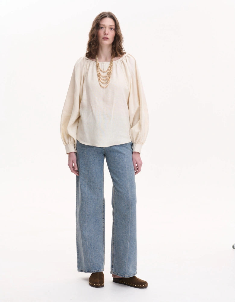 Beige Linen Peasant Blouse — Bohemian Cut