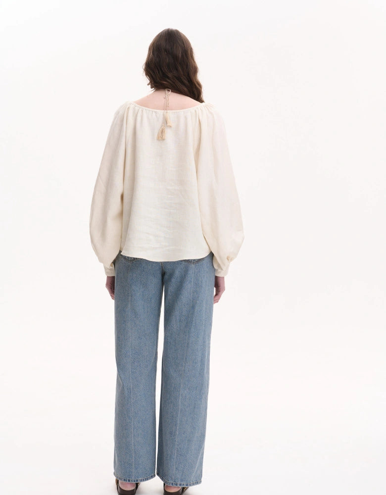 Beige Linen Peasant Blouse — Bohemian Cut
