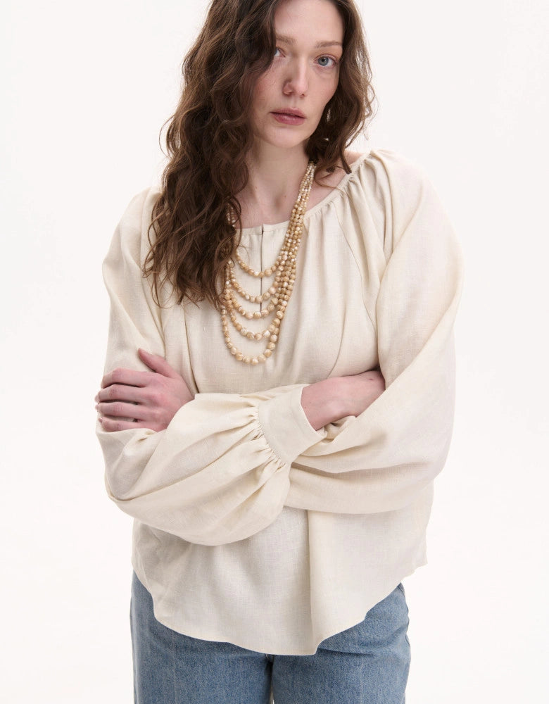 Beige Linen Peasant Blouse — Bohemian Cut