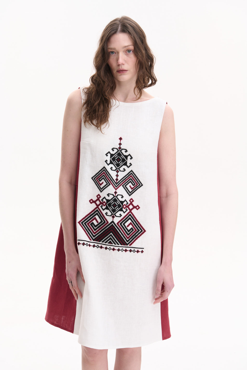 Linen Dress with Hand Embroidery – Berehynia, Burgundy