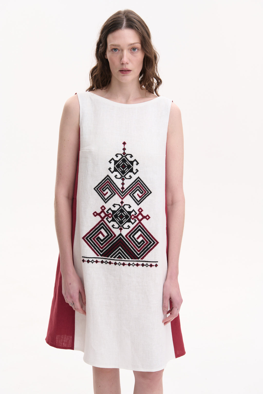Linen Dress with Hand Embroidery – Berehynia, Burgundy