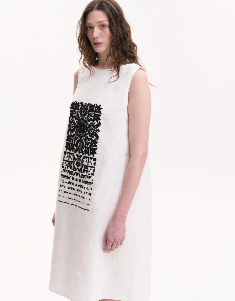 White Linen Embroidered Dress Ukranian Embroidery