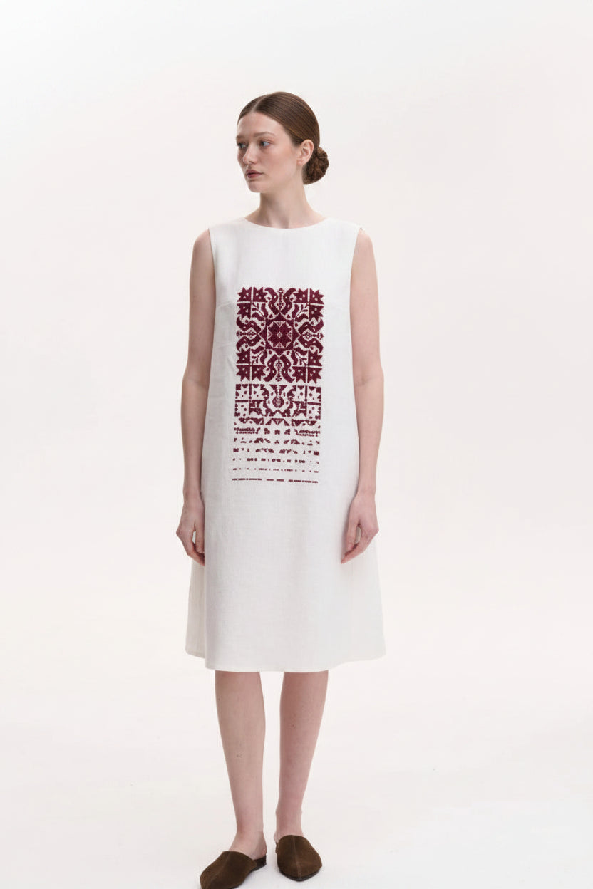 Sleeveless linen hand embroidered dress Falling Star Motif