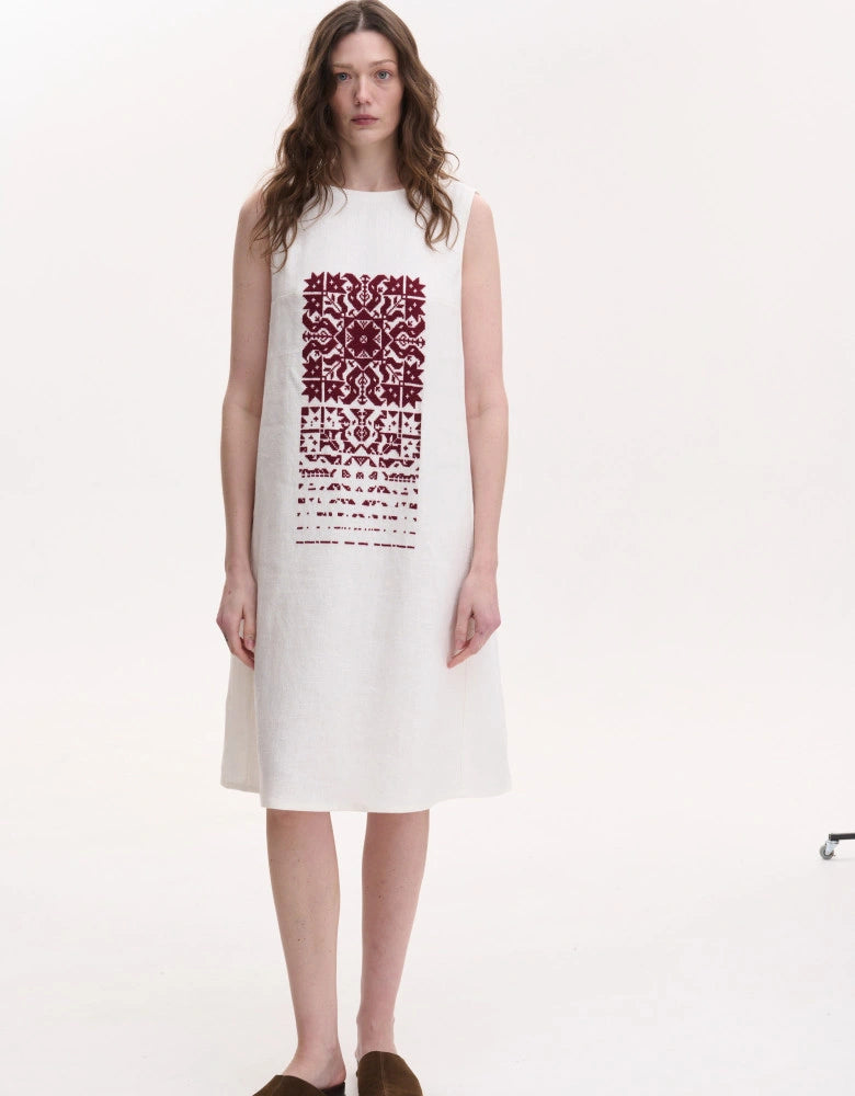 Falling Star Embroidered Linen Dress — Burgundy