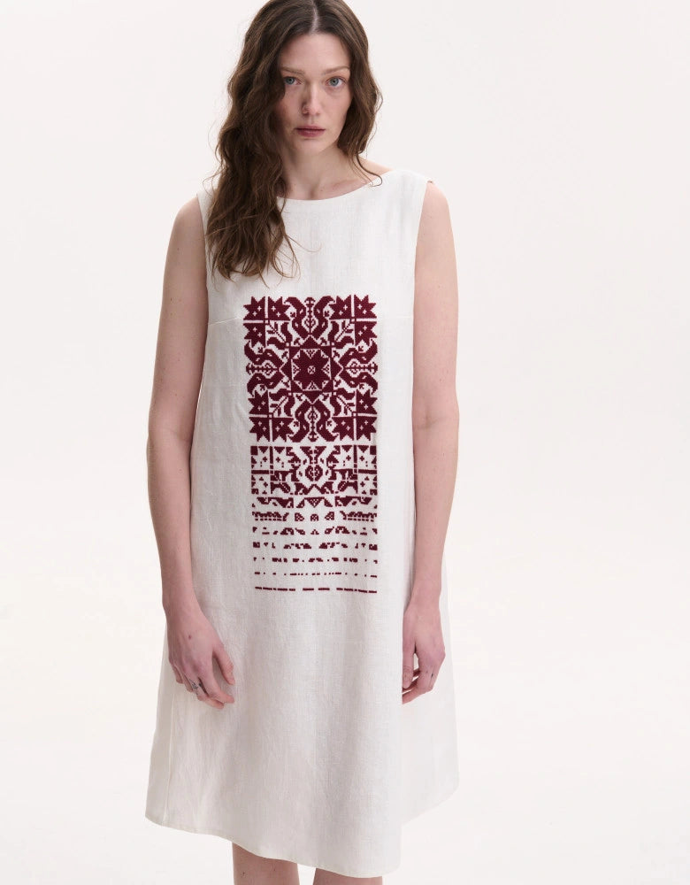 Falling Star Embroidered Linen Dress — Burgundy