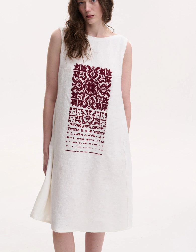 Falling Star Embroidered Linen Dress — Burgundy
