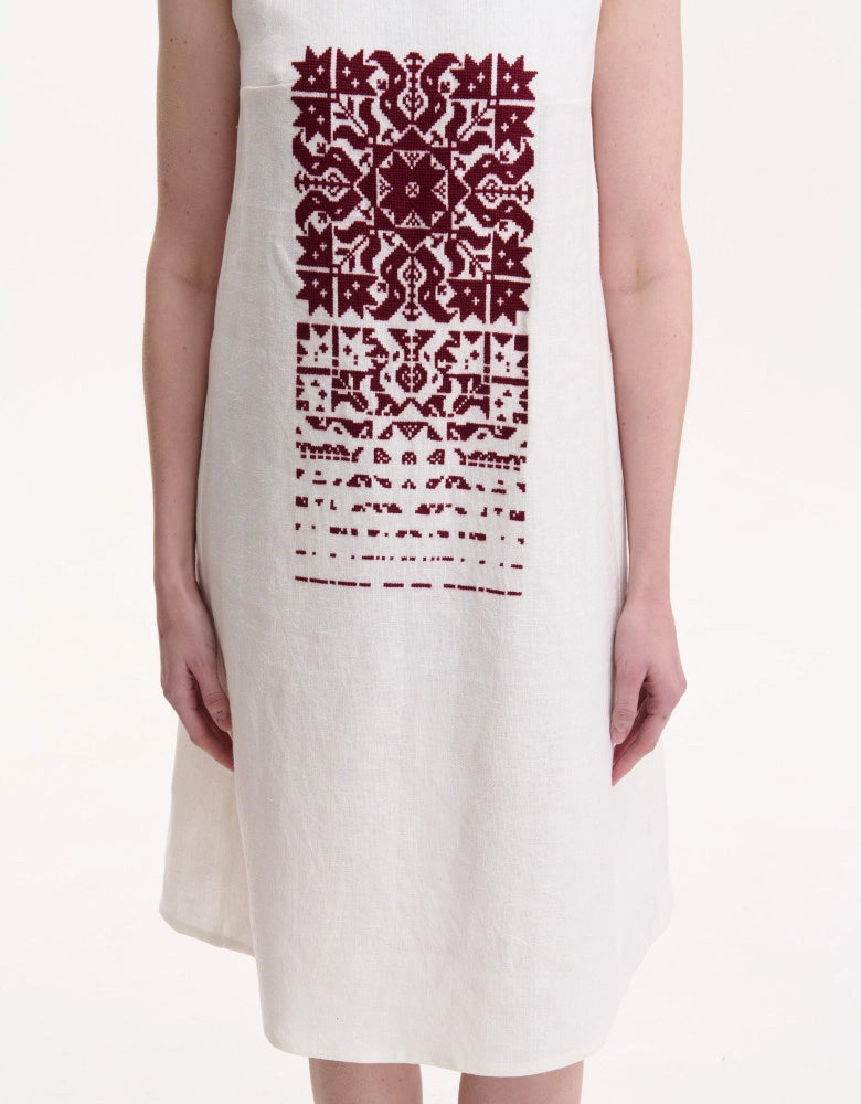 Falling Star Embroidered Linen Dress — Burgundy