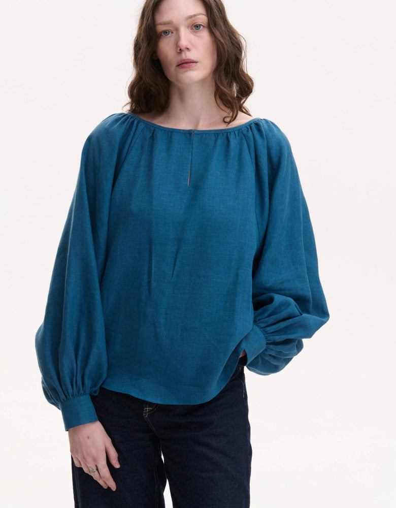 Blue linen peasant blouse bohemian Ukrainian handmade