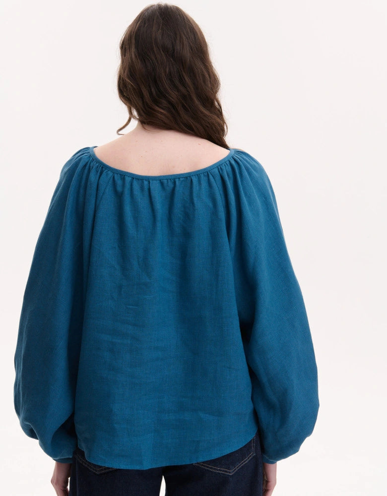 Blue Linen Puffed Sleeves Peasant Blouse — Bohemian Cut