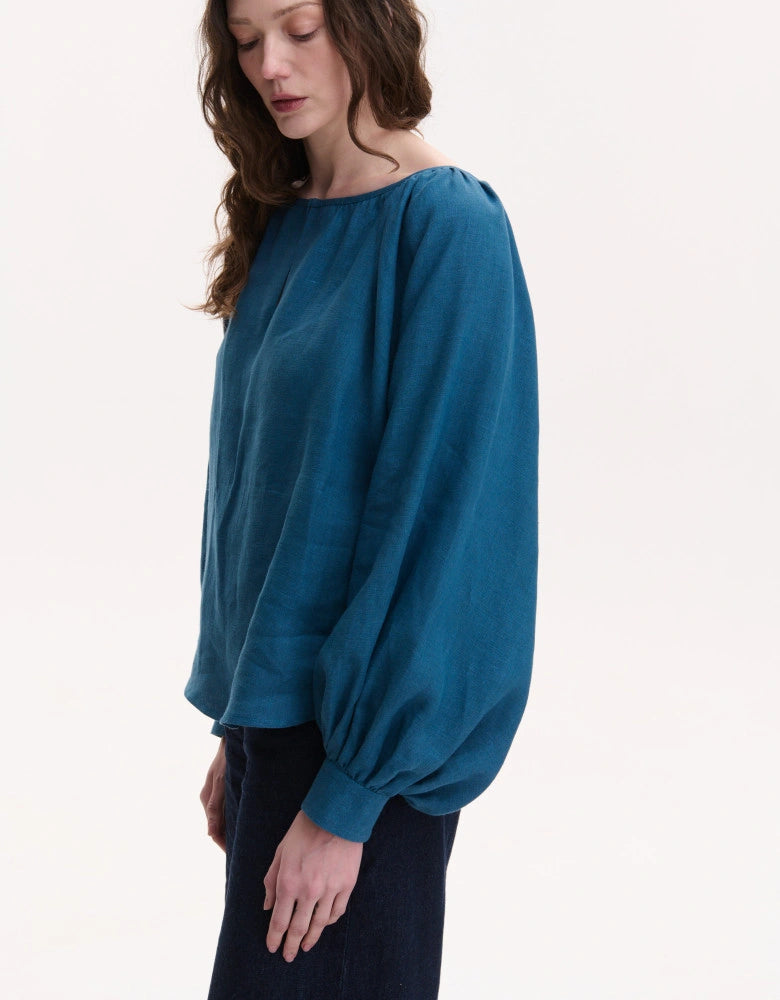 Blue Linen Puffed Sleeves Peasant Blouse — Bohemian Cut