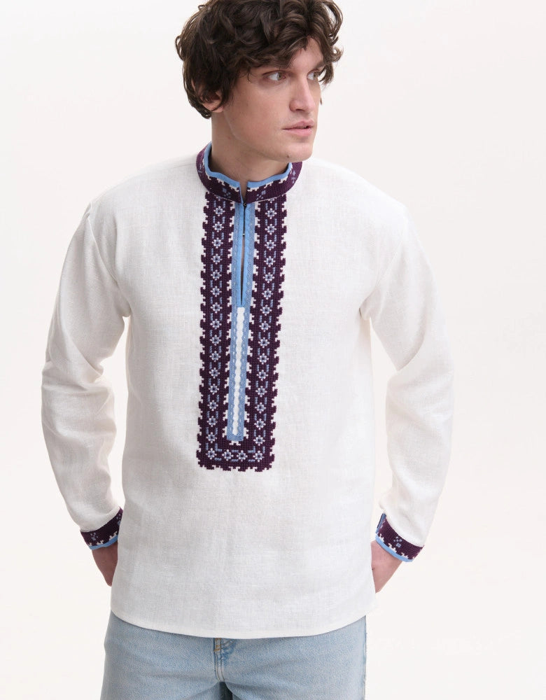 100% linen fabric detail, men's Koza Dereza embroidered shirt made in Ukraine