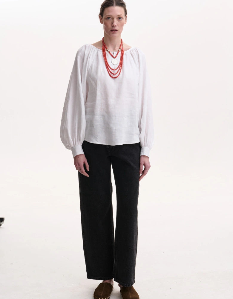 White Linen Puffed Sleeves Peasant Blouse — Bohemian Cut