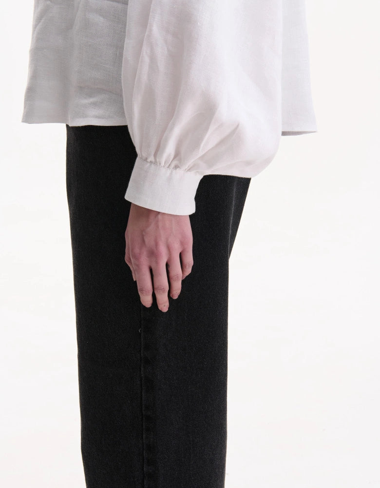 White Linen Puffed Sleeves Peasant Blouse — Bohemian Cut