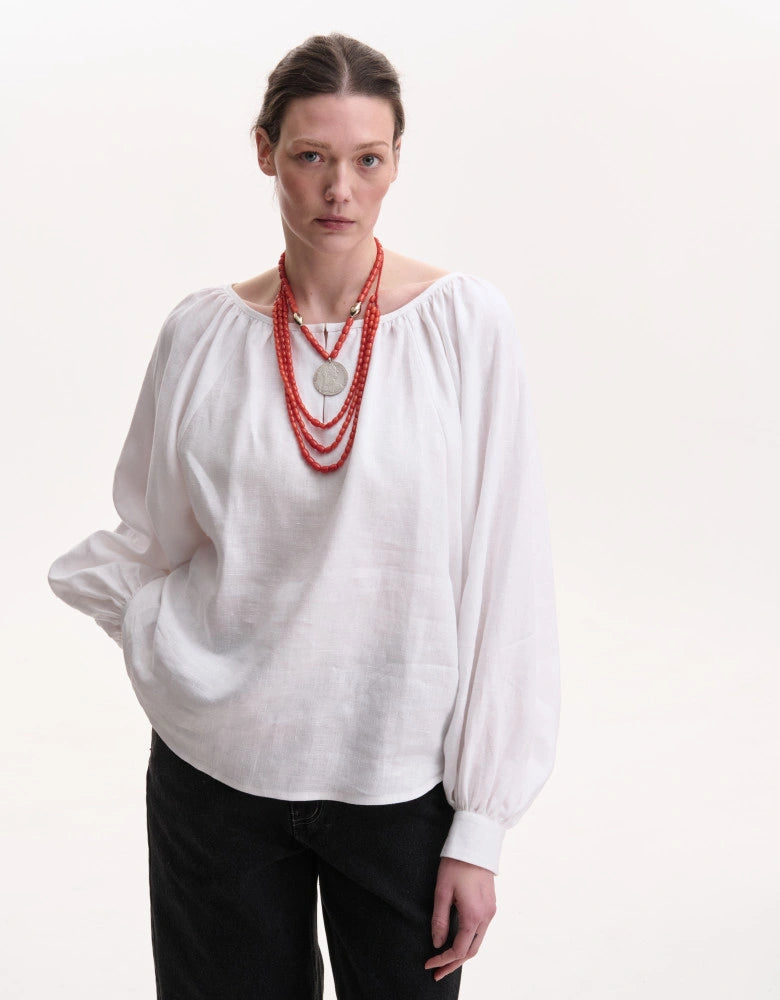 White Linen Puffed Sleeves Peasant Blouse — Bohemian Cut